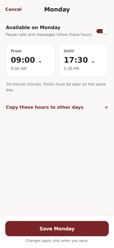 Pause working hours screen showing Monday availability from 9:00 AM until 5:30 PM.