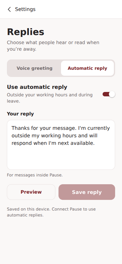 Pause Replies screen showing automatic reply settings and a message for outside working hours.